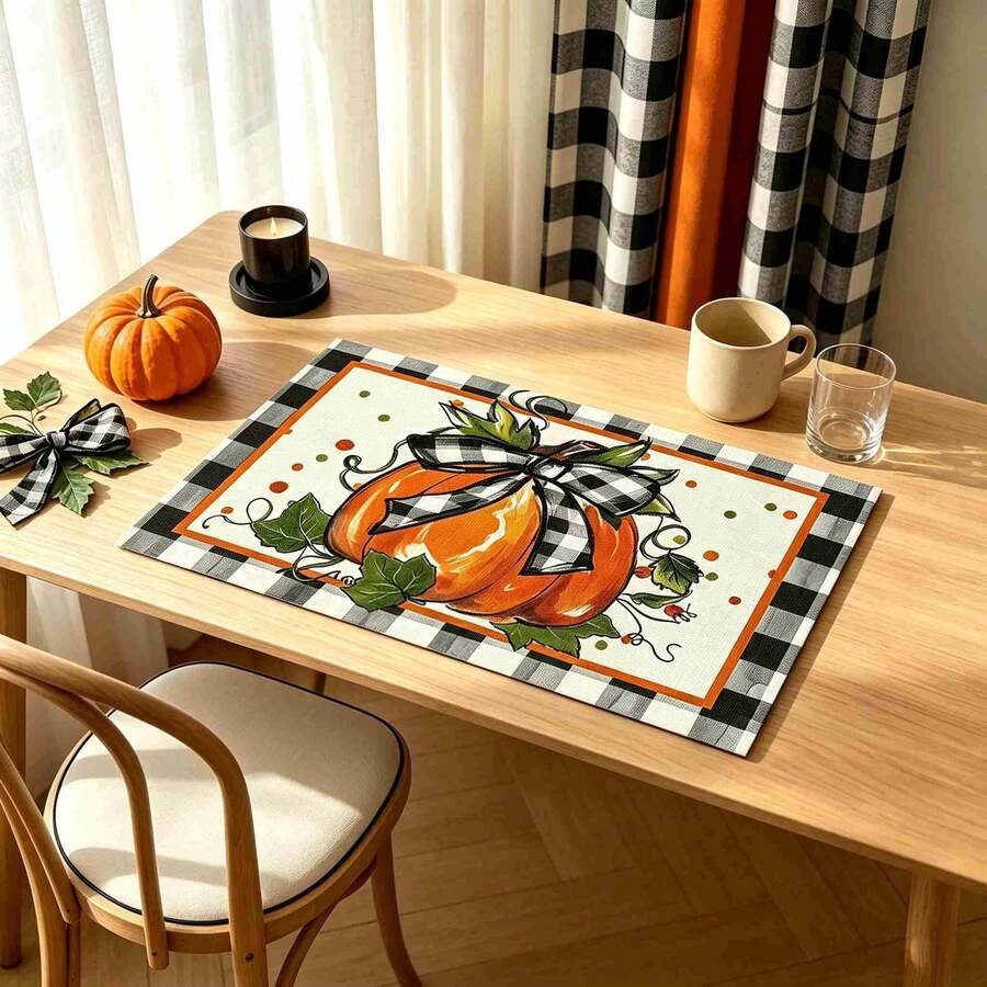 1/4/6pcs Autumn Series Black & White Plaid Bow & Pumpkin Pattern Printed Placemats, Heat Resistant Table Mat For Home Kitchen, Table Protection, Kitchen Dining Table, Party Decor