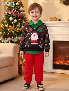 Vihyde Young Boys Christmas New Arrival 2 Pieces Outfit, Santa Candy Cane Print Spliced 2 In 1 Polo Shirt & Jogger Pants Set - Red - View 1