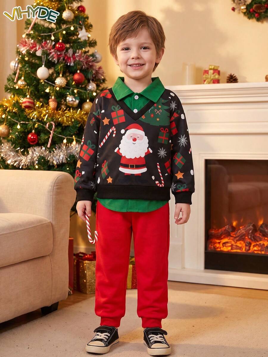 Vihyde Young Boys Christmas New Arrival 2 Pieces Outfit, Santa Candy Cane Print Spliced 2 In 1 Polo Shirt & Jogger Pants Set - Red - View 1