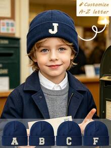 1pc Children's Knitted Hat, Optional A-Z Letter Pattern, Windproof, Suitable For Outdoor, 3-8 Years Old, Cute Daily Style, Unisex Warm Winter Knitted Hat - Navy Blue - View 1
