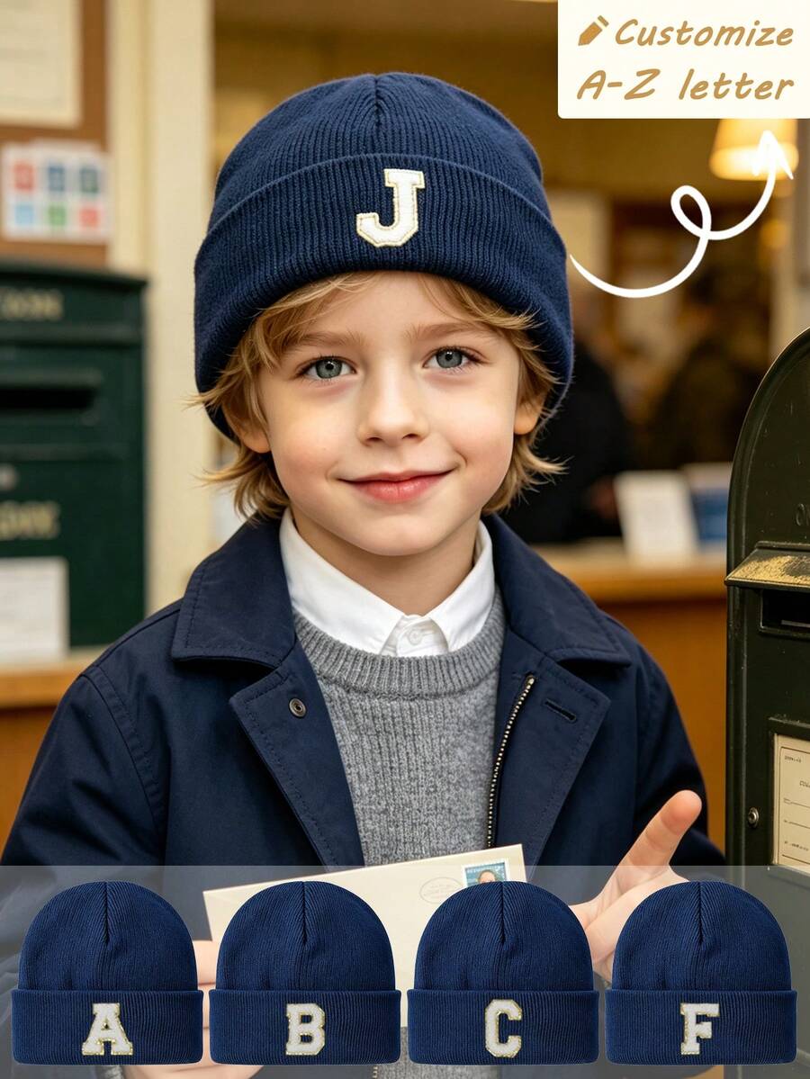 1pc Children's Knitted Hat, Optional A-Z Letter Pattern, Windproof, Suitable For Outdoor, 3-8 Years Old, Cute Daily Style, Unisex Warm Winter Knitted Hat - Navy Blue - View 1