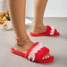 Women's Home Slippers Solid Color Fashion Fabric Lace Patchwork Pearl Strap Indoor Autumn/Winter One-Strap Cotton Slippers - Red - View 4