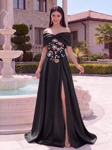 Gaun Malam Satin Tanpa Bahu Alisa&Leo untuk Remaja, Bordir Bunga, Rok A-Line, Resleting Belakang, Cocok untuk Prom, Pesta, dan Acara Sosial - Hitam - View 5
