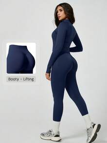 NcmRyu 1 Set Women Seamless Ribbed Zip Stand Collar Long Sleeve Top And High Waist Leggings Sports Suit - Navy Blue - View 10
