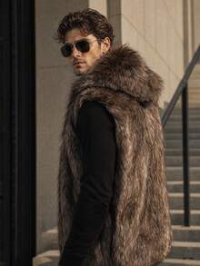 Men's Hooded Faux Fur Vest Jacket, Simple Fashion Casual Daily Wear - Dark Grey - View 2