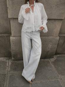 Women's Spring/Autumn Fashion Casual Versatile Solid Color Lace Trim V-Neck Blouse, Suitable For Brunch Outfits - White - View 5