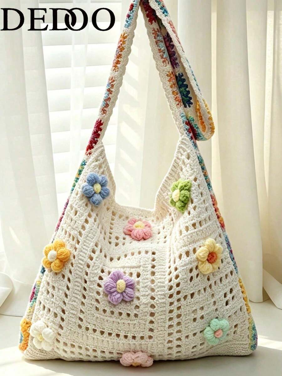 Dedoo Bolso de mujer estilo bohemio, tote de gran capacidad con parte superior abierta, bolsa de playa, accesorio de viaje, textura trenzada, adecuado para trabajo, escuela, playa, ganchillo, vacaciones (color/posición de la flor aleatorio) (color/patrón de la correa aleatorio)