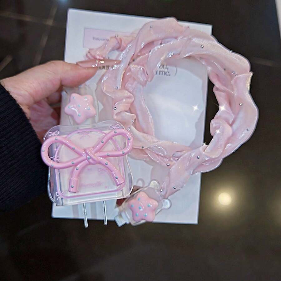 Casing Pelindung Kepala Charger Pita 3D Warna Pink Feminin, Aksesori Bintang, Jala Berlian Imitasi, Kabel Data, Set Pelindung Anti Aus Lengkap - Berwarna merah muda - View 1