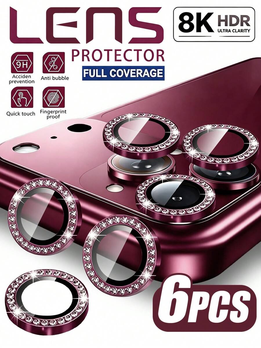 Navigator 6pcs/Pack, Wine Red Camera Lens Protector Film, Independent Metal Ring Cover, Ultra-Thin Glass, Shell-Friendly, Scratch-Resistant, Anti-Collision, No Loss Of Image Quality, Easy To Install, Not Easy To Fall Off, Compatible With IPhone Duo/18 Pro Max/18 Pro/18/17e/17 Pro Max/17 Pro/17 Air/17/16 Pro Max/16 Pro/16 Plus/16/15 Pro Max/15/14/13/12 And Other Models. - Burgundy - View 1
