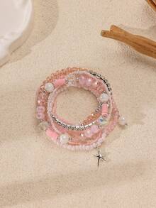 8pcs/Set Romantic Ocean Beach Impression Pink/Blue Beaded Crystal Chain Starfish Decor Bracelet Set - Pink - View 2