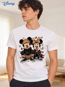 Disney 1pc Men's Short Sleeve T-Shirt, Loose Fit, Mickey Mouse And Minnie Mouse Graphic Print, Round Neck, Slightly Elastic - White - View 1