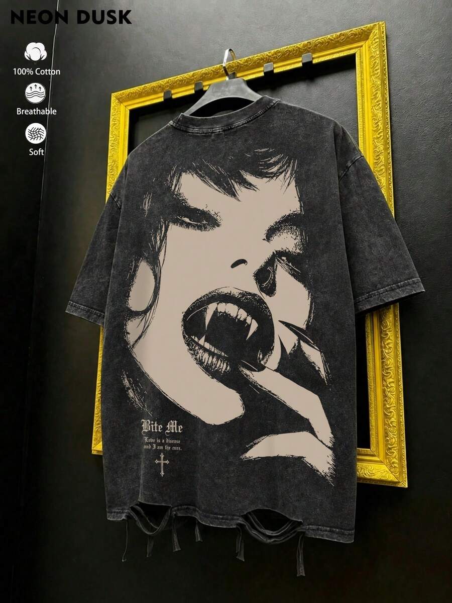 Unisex Vintage Washed Print T-Shirt, Y2K Gothic Vampire Design, Distressed Hem, Soft Breathable Pure Cotton Top, Suitable For Streetwear, Concerts And Weekend Casual Wear - Black - View 1