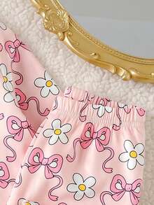 Baby Girl Gentle Style Ditsy Floral Pajama Set, Daisy & Bow Full Print Blazer Collar Button Front Long Sleeve Top + Straight Leg Pants, Soft Skin-Friendly Sleepwear 2 Pieces Set, 2026 Spring/Autumn New Fashion - Baby Pink - View 4