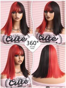 Halloween Straight Hair Wig With Bangs 14Inch Red Black/Orange Grey,Rose Mesh Hat,Suitable For Women,Aesthetic Synthetic Hair Wig,Wig Suitable For Halloween, Suitable For All Races,Retouch Your Face - Multicolor - View 5