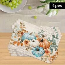 1/4/6pcs Autumn Series Blue & Orange Floral Pumpkin Pattern Printed Placemats, Heat-Resistant Table Mat For Home Kitchen, Table Protection, Kitchen Dining Table, Party Scene Decoration - Multicolor - View 16