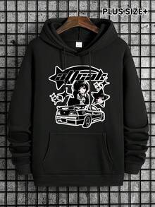 Men's New Anime Character Cartoon Print Casual Sweatshirt, Fashionable Drawstring Hoodie, Comfortabl - Black - View 2