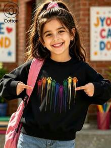 Girls' Cotton Top, Printed, Comfortable, Relaxed-Fit Dropped-Shoulder Sweatshirt, Round-Neck Oversized Sweatshirt - Black - View 1