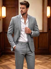 Men's 2-Piece Suit Set, Lightweight British Style Textured Blazer And Pants, Suitable For Casual, Business, Commute, Wedding, Party, Evening Event, Ball - Grey - View 1