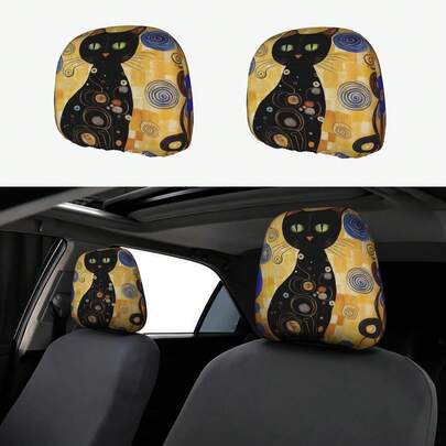 2 piezas Fundas para reposacabezas de coche, estampado de gato negro, hechas de fibra de poliéster, sin relleno, fáciles de instalar y limpiar, tamaño universal, adecuadas para la mayoría de los modelos de coche