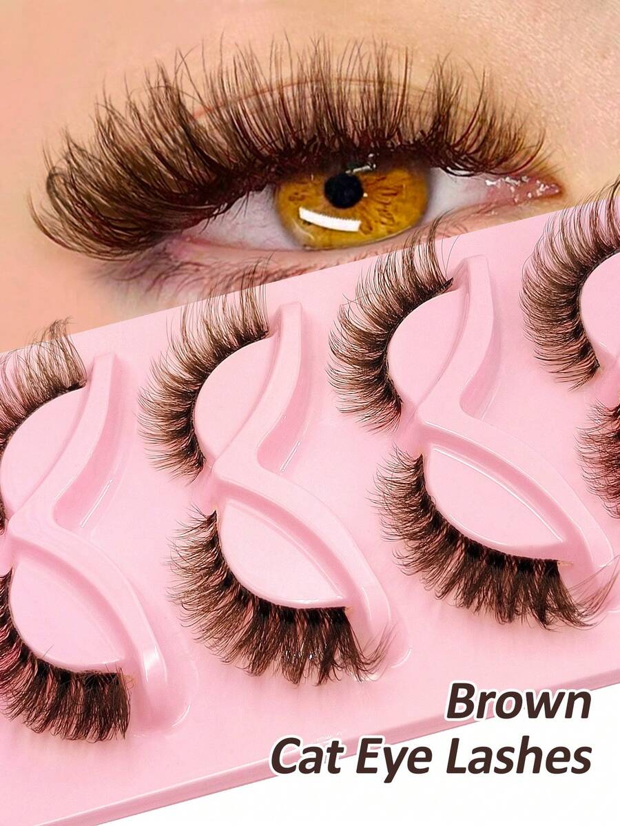 Asiteo 5 Pairs New Brown Fox Eye/Cat Eye False Eyelashes, Create Charming Makeup, Natural Curl And Length, Sexy Eyelashes Enhance Charm - Brown - View 1