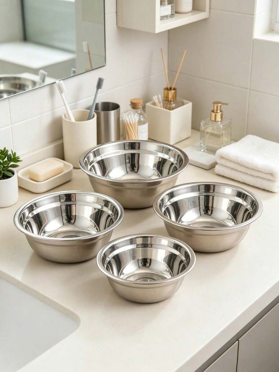 4-Piece Thickened Stainless Steel Multi-Purpose Bowl Set, Stackable Storage In Various Sizes, Mirror Finish Easy To Clean, Rolled Edge Smooth And For Hands. Suitable For Washing Vegetables, Rinsing Rice, Mixing Salads, Kneading Dough, Marinating Ingredients, Kitchen Prep, Baking, Cooking, Family Gatherings, Durable And Rust-Resistant, Suitable For Home And Commercial Use, Large Capacity Practical Mixing Bowl Set, Christmas, Halloween, Thanksgiving, Easter, New Year's Eve, Back To School, Gift. - View 1