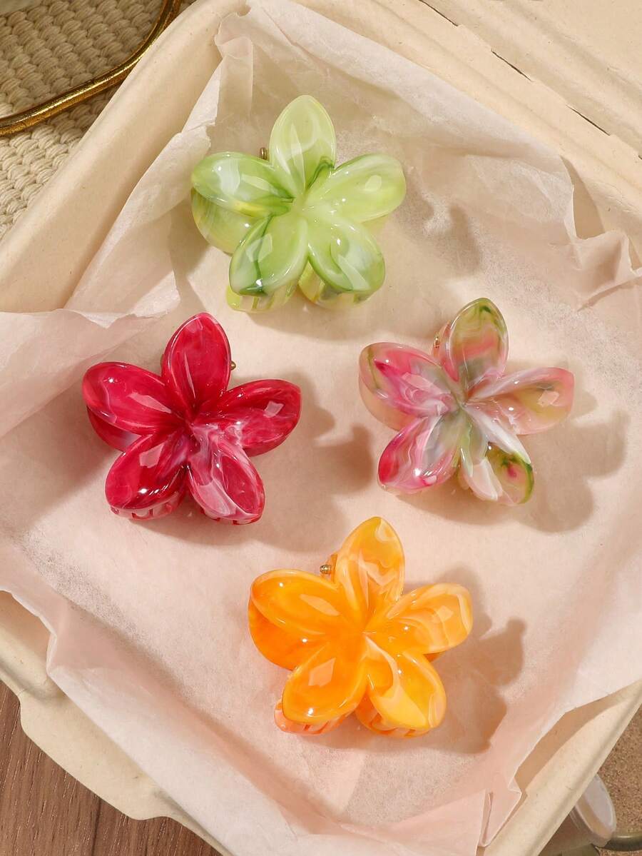 4件裝清新大理石紋紮染扶桑花髮抓夾,橘色、龍果紅、青色,甜美度假風女孩側髮夾 - 彩色 - 查看 1
