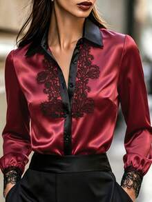 Wine Red Satin Lapel Long Sleeve Shirt, Black Lace Embroidery Spliced Vintage Elegant Commute Blouse, Halloween Style For Spring & Autumn - Burgundy - View 1