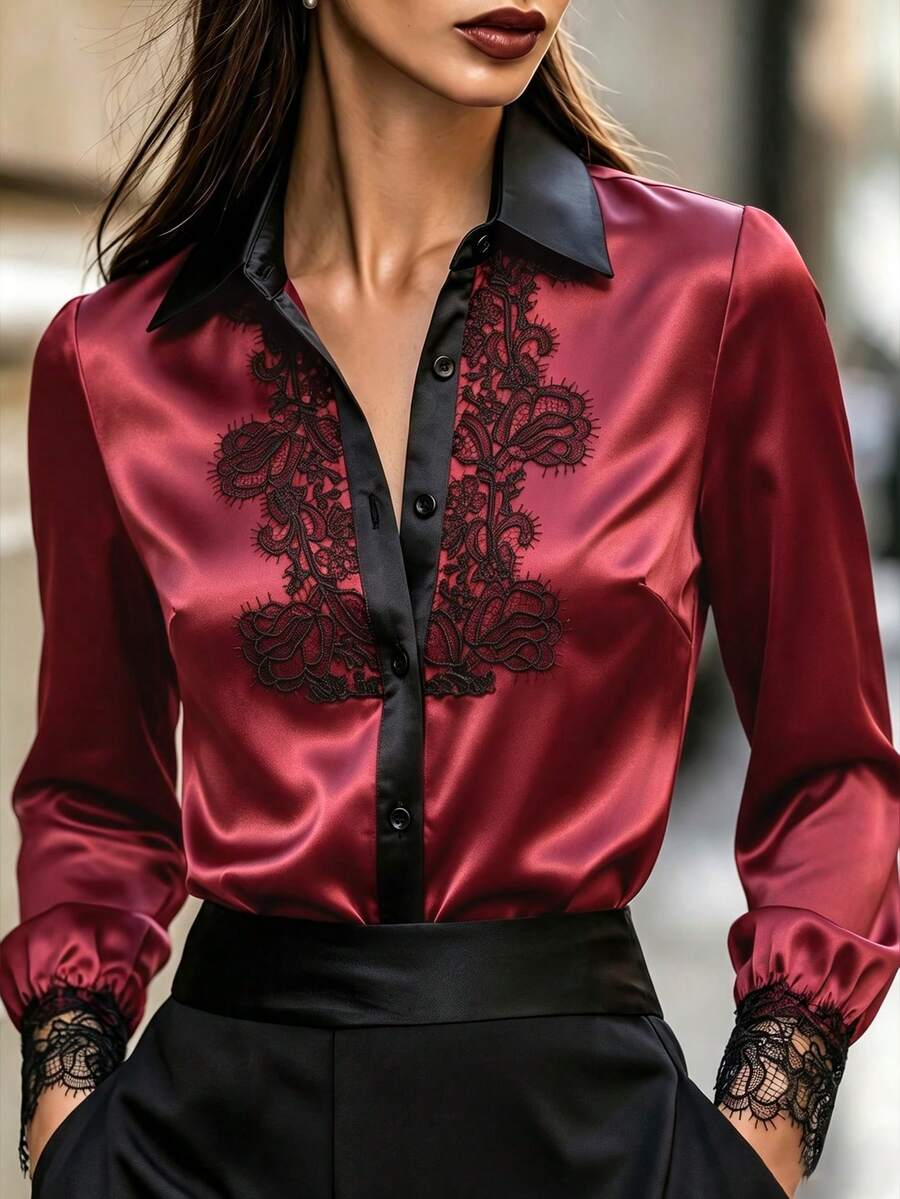 Wine Red Satin Lapel Long Sleeve Shirt, Black Lace Embroidery Spliced Vintage Elegant Commute Blouse, Halloween Style For Spring & Autumn - Burgundy - View 1