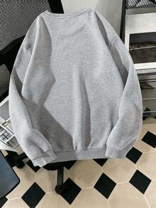Women Crew‑Neck Sweatshirt, Simple Letter‑Print Casual Long‑Sleeve Pullover Top For Fall & Winter Daily Wear - Grey - View 3
