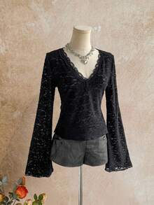 Temptaria Women's Pure Black V-Neck Lace Trim Fitted Top, Flare Long Sleeve Design, Suitable For Autumn/Winter Layering And Daily Outings - Black - View 2