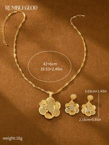 3pcs Luxury Exquisite Six-Petal Flower Floating Middle Eastern Pattern Necklace & Earrings Set, 18K Gold Plated, Suitable For Women, Girls, Wedding, Party, Daily Wear - Gold - View 4