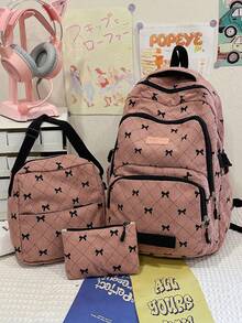 3Pcs Bow Print Corduroy Backpack Set, Large Capacity Student School Backpack With Crossbody Bag & Pencil Pouch For Teen - Multicolor - View 13