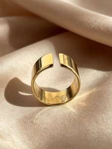 1pc Minimalist Punk Style Polished Open Ring, Adjustable Wide Band Gold Ring, Unisex Stackable Daily Wear Jewelry - Bar - View 3