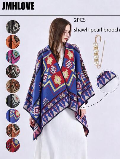 1pc Travel Shawl Geometric Patchwork Cape With 1pc Pearl Brooch Pin Accessory