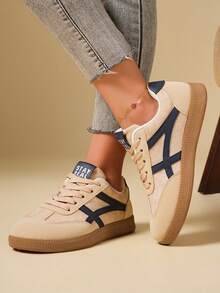 PWIIMG Khaki Color Block Sneakers, Low-Top Lace-Up Skate Shoes, Retro Striped Versatile Casual Sports Shoes For Office And Vacation - Khaki - View 4