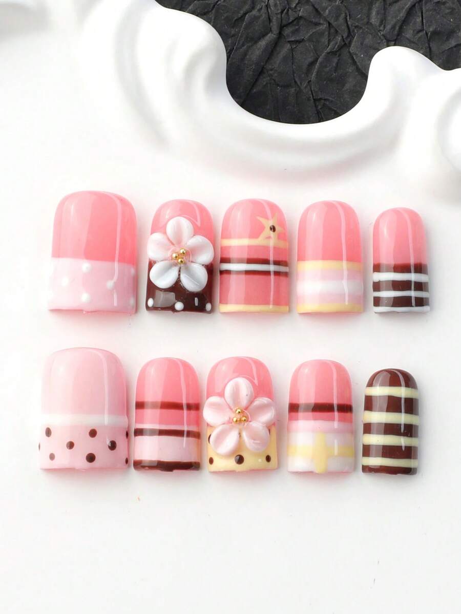 10pcs Handmade Press On Nails, Short Square Pink Brown Fake Nails With 3D Flower Design,Stripe, Cute Y2K Nail Art, Hand Painted Nails, Faux Ongle, Handmade Nails, Nail Stickers, Square Press On Nails, Removable Reusable, Tool Kit Included, Fall Nails - Multicolor - View 1