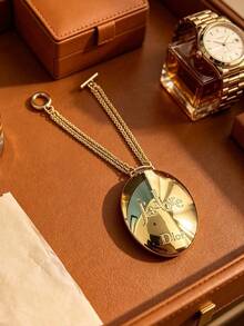 DIOR J'adore Gold Oval Pendant Compact Mirror Necklace, Embossed Logo Portable Pocket Makeup Mirror With Switch Chain, Pendant Mirror Luxury Gift For Women DIOR‑GIFT‑193 - Gold - View 4