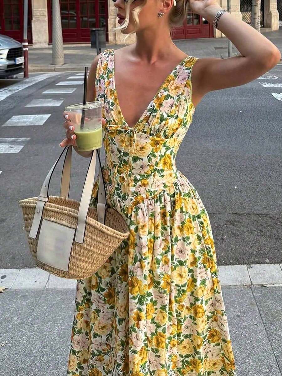 Dirp Noir Women's Autumn Vintage All-Over Ditsy Floral Deep V-Neck Sleeveless Corset Waist Midi Dress, Suitable For Back To School, Commute, Party