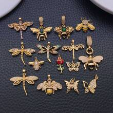 1pc 18K Golden Plated Insect Pendants Crystal Paved Dragonfly Bee Butterfly Enamel Charms For DIY Bracelet Necklace Jewelry Making Findings - Multicolor - View 9