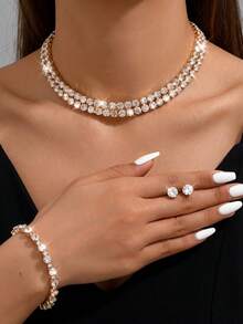 NAIZHU 3pcs/Set Women's Multi-Layer Gold-Tone Rhinestone Necklace, Bracelet And Earrings Set, Party Outfit Accessories - Gold - View 2