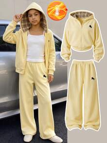 Tween Girls Autumn/Winter Casual Sports Set, Plaid Lining Hooded Zip-Up Light Yellow Thermal Lined Thick Sweatshirt Jacket With Loose Sweatpants, Pony Print Warm Set - Yellow - View 5