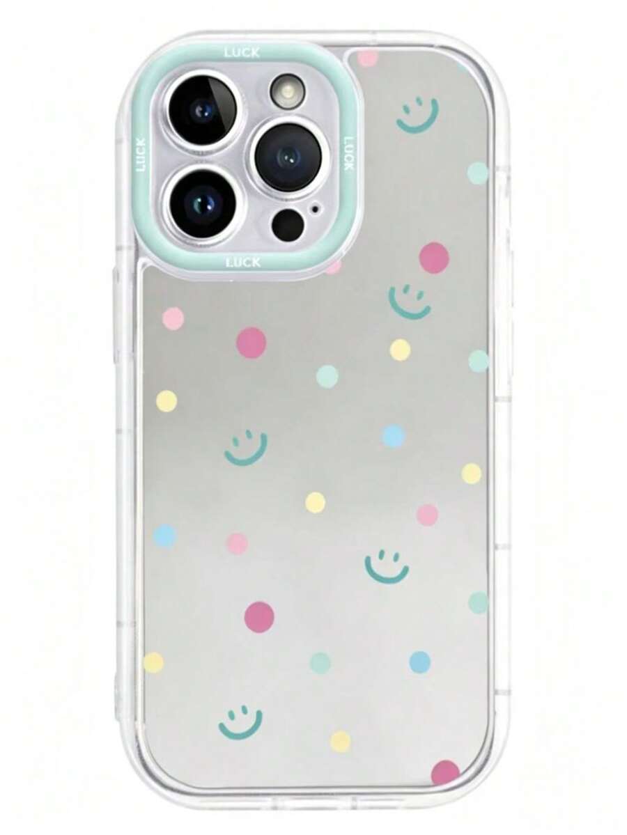 1pc Colorful Polka Dot Green Smiling Face Luck English Mirror Phone Case Makeup Mirror PC Hard Shell 1.5mm 2-In-1 Full Coverage Airbag Shockproof Creative Precision Cutout Raised Camera Ring Protection Compatible With IPhone 17/17Pro/IPhoneAIR/17PROMAX/16Promax/15PLUS/14/13/12/11/16E/17E - Multicolor - View 1