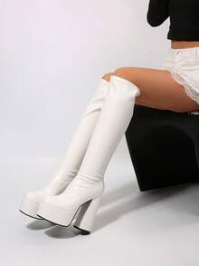 FVPFVP Women's Square Toe High Shaft Riding Boots, Chunky Heel Slimming Tall Boots, Autumn/Winter Daily Street Style Versatile Slip-On Boots - White - View 3