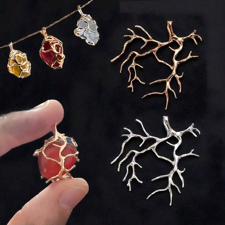 5pcs Gold & Silver Copper Tree Branch Pendant Bases, Suitable For DIY Handmade Crafts, Can Be Paired With Natural Gemstones, Crystals, Raw Stones, Pearls And Other Materials For Inlay Design - Multicolor - View 1