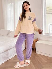 Women's 2 Pieces Pajama Set, Thickened Round Neck Long Sleeve Color Block Letter Pullover Top And Long Pants, Casual Comfortable Loungewear Set For Autumn/Winter - Mauve Purple - View 3