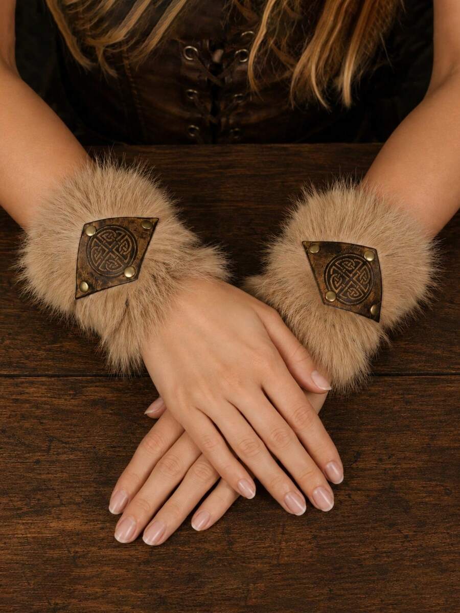 1 Pair Viking Style Faux Fur Wrist Cuffs With Celtic Knot, Medieval PU Leather Bracers, Suitable For Renaissance Fair, Halloween Cosplay - Hand Decorations - View 1
