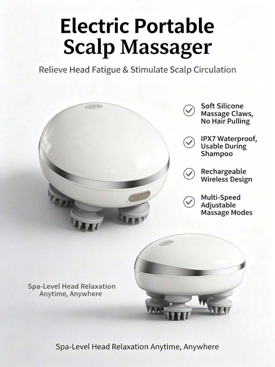 Lenovo Electric Scalp Massager, Portable Wireless Head Massager With 4 Detachable Massage Claws, 3 Adjustable Modes, Vibration Stimulation For Deep Relaxation, Suitable For Home, Office, Travel - White - View 1