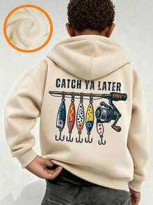 Teen Boy Fun Print Pullover Sweatshirt, Warm And Comfortable Thermal Lined Pullover Sweatshirt For Autumn/Winter - Apricot - View 2