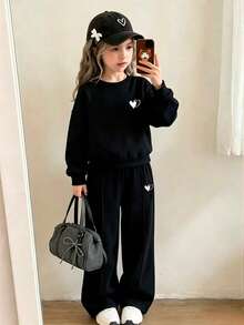 Girls Casual Heart Print Knit Warm Long Sleeve Sweatshirt And Wide Leg Sweatpants Set - Black - View 1