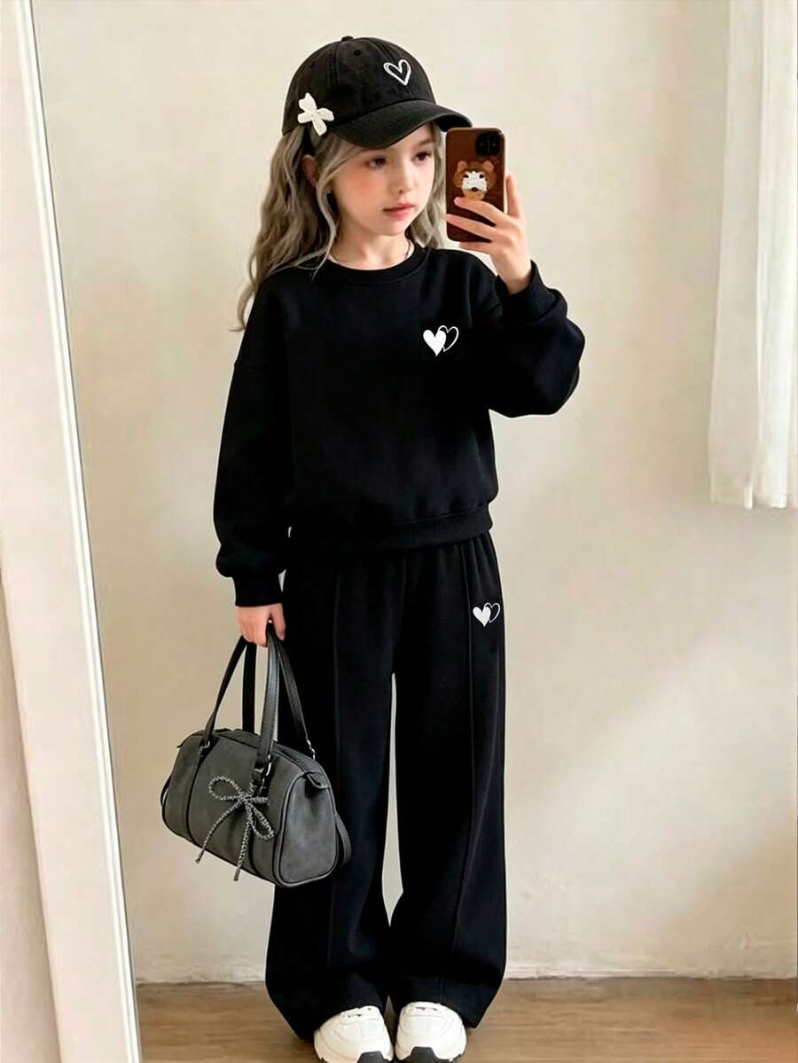 Girls Casual Heart Print Knit Warm Long Sleeve Sweatshirt And Wide Leg Sweatpants Set - Black - View 1